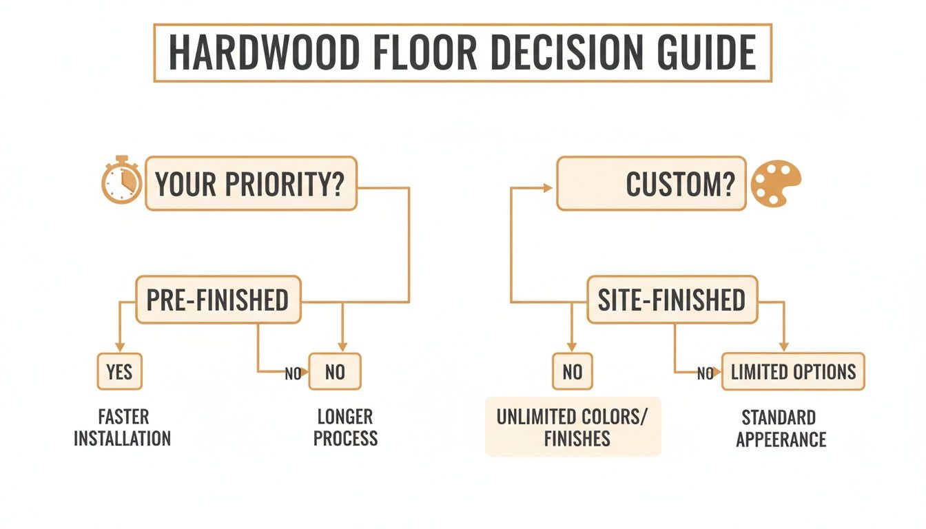 A decision guide flowchart for choosing between pre-finished and site-finished hardwood floors based on installation speed and customization.