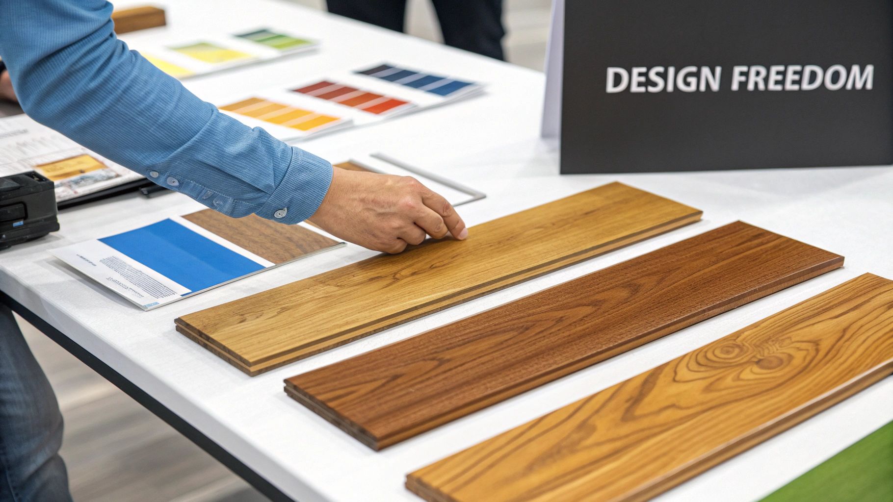 A person's hand selects prefinished wood flooring samples, surrounded by color swatches and design materials.