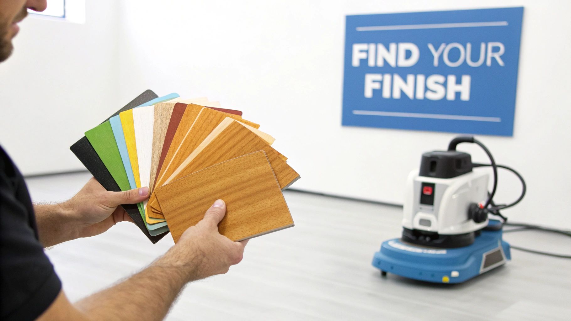 Man holding diverse wood and color flooring samples, suggesting options for floor refinishing.