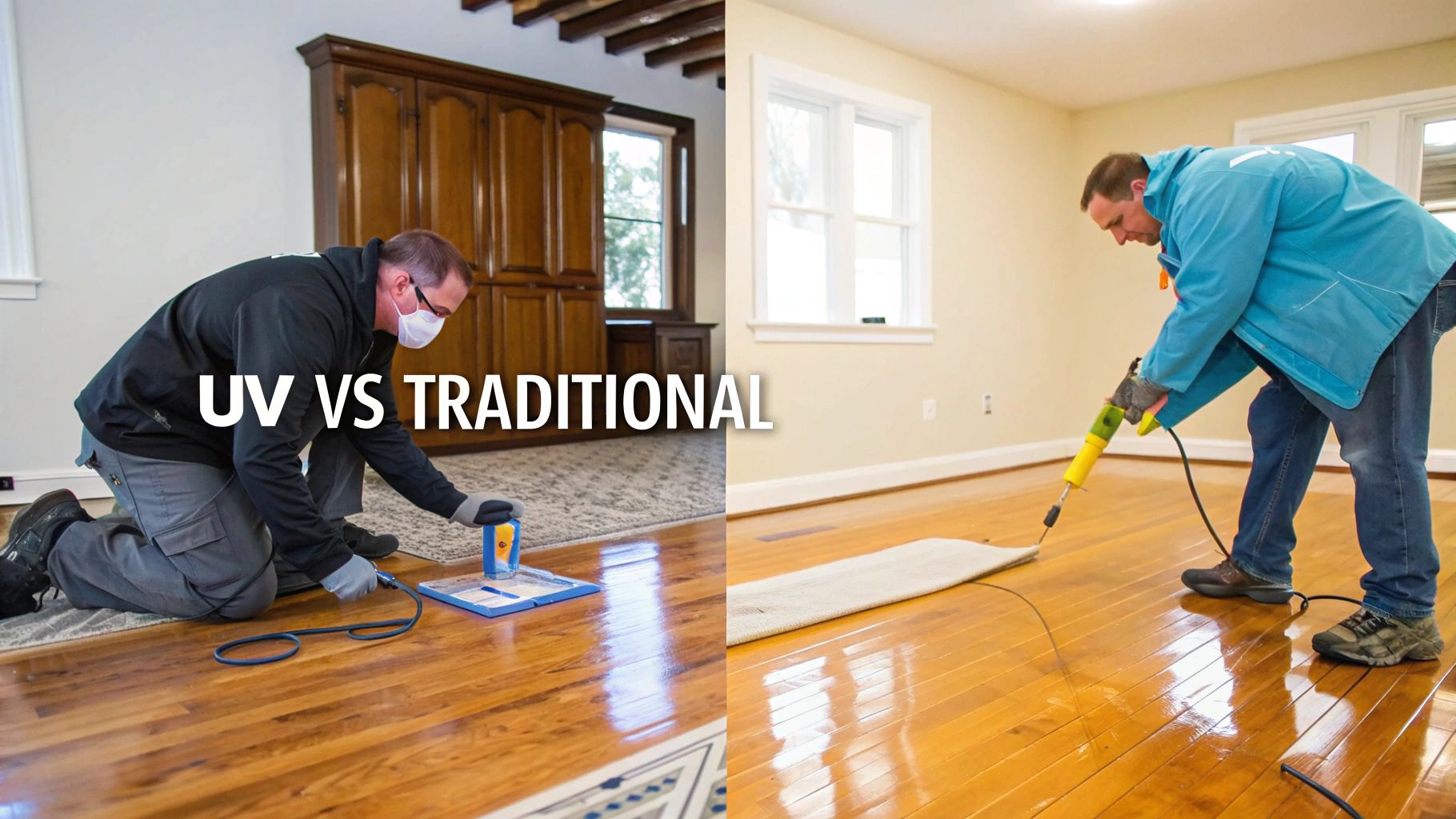 Two workers demonstrate UV and traditional methods for hardwood floor finishing, highlighting different techniques.