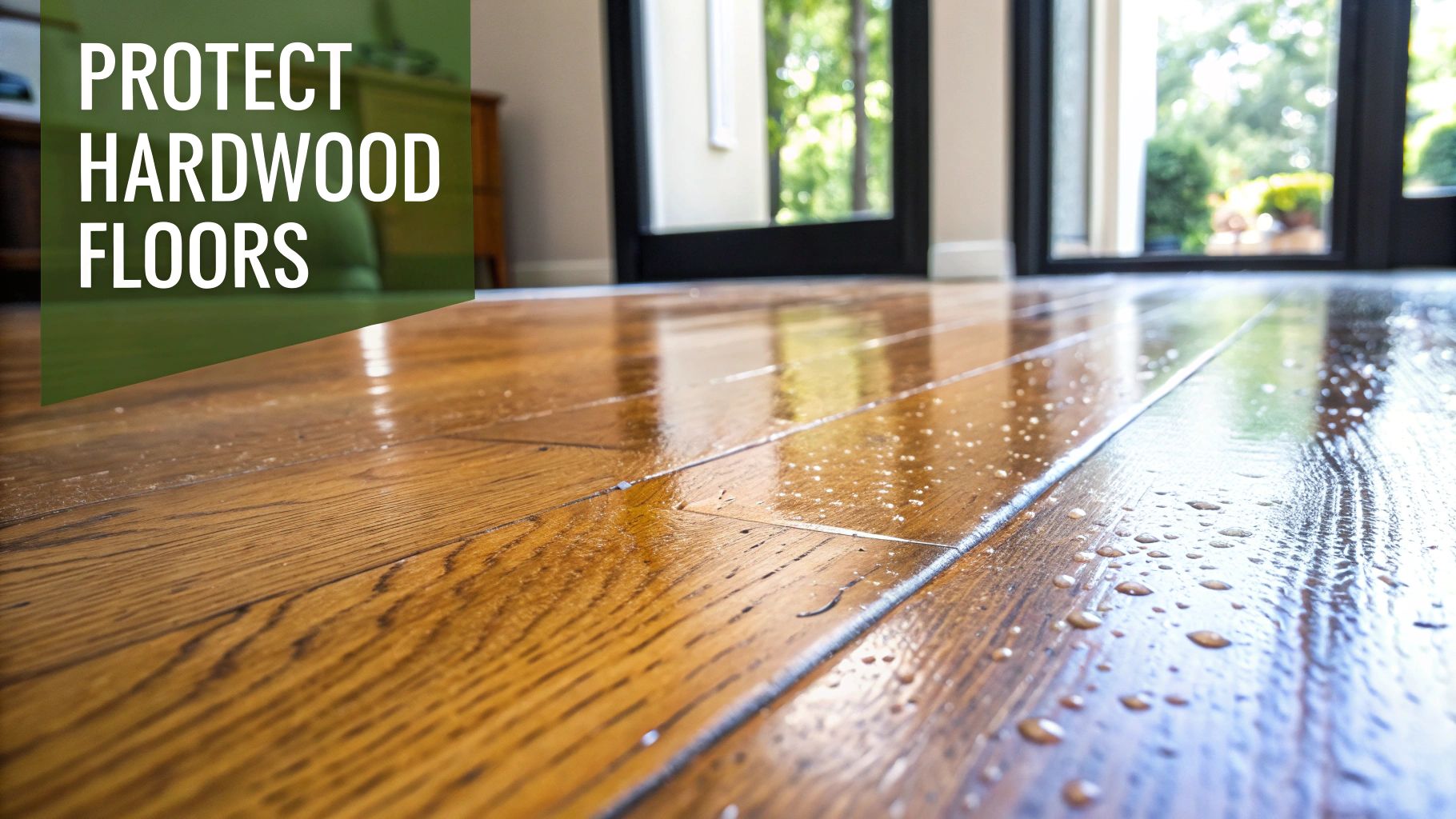 Water droplets on a glossy hardwood floor, emphasizing the need to protect hardwood floors.