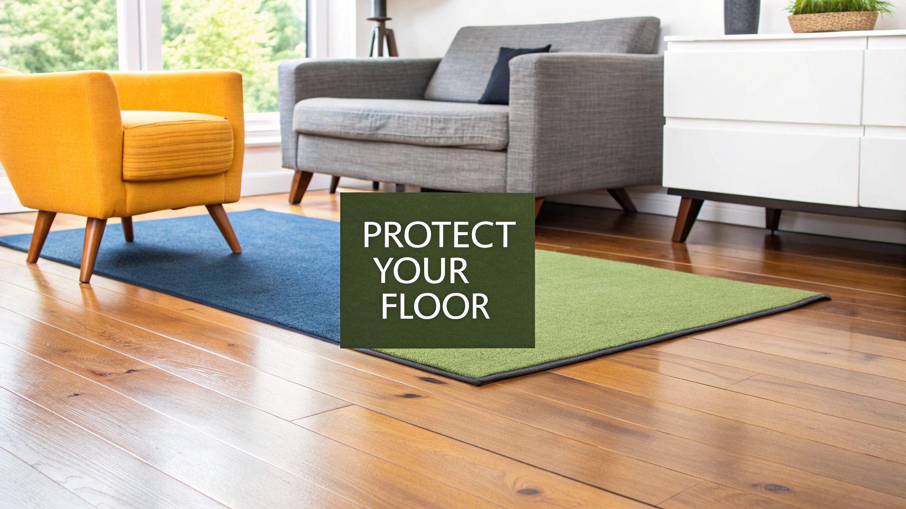 Two colorful rugs, blue and green, laid on a shiny hardwood floor in a modern living room setting.