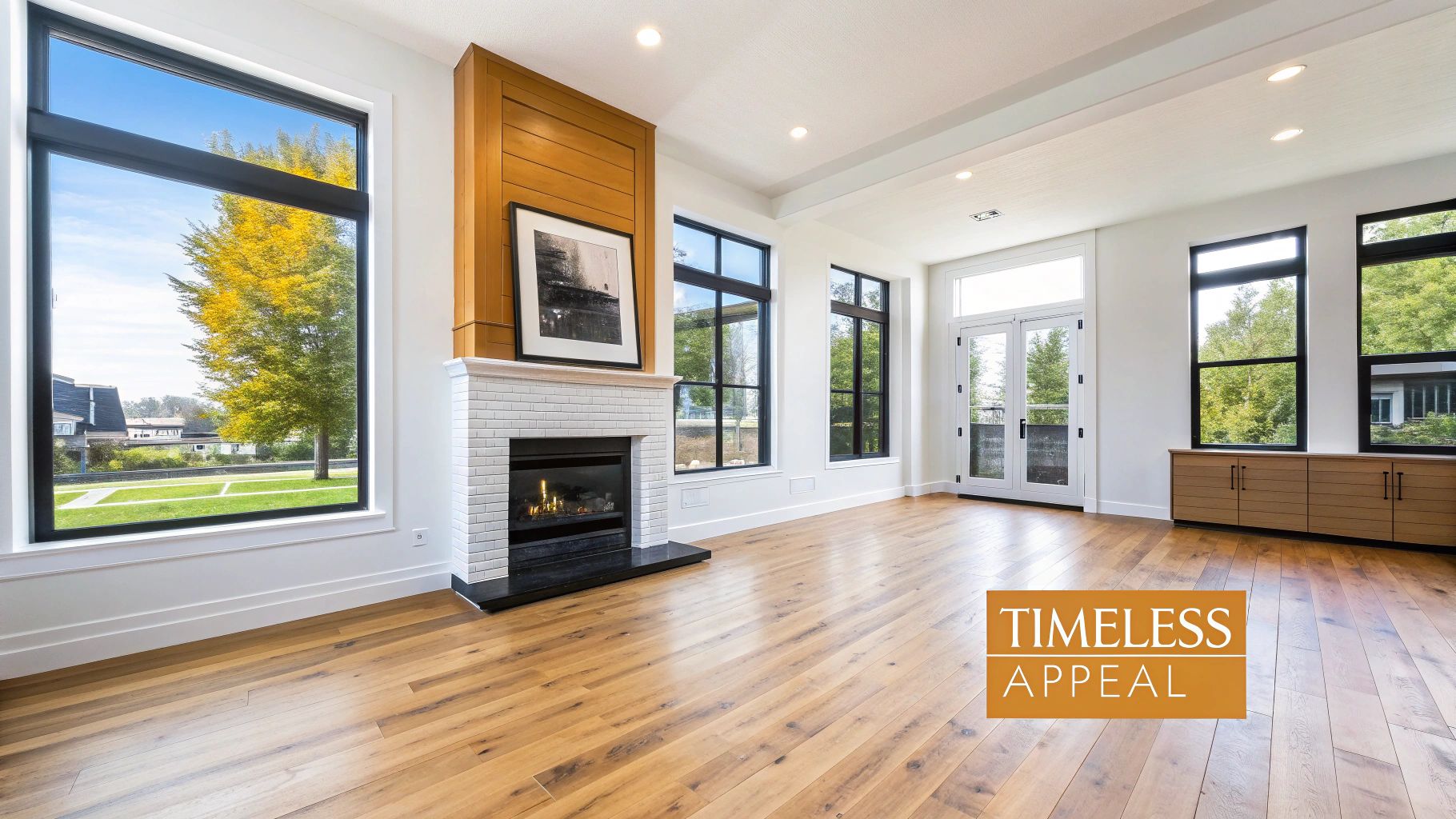 A bright modern living room featuring wide plank white oak floors, a fireplace, and large windows.