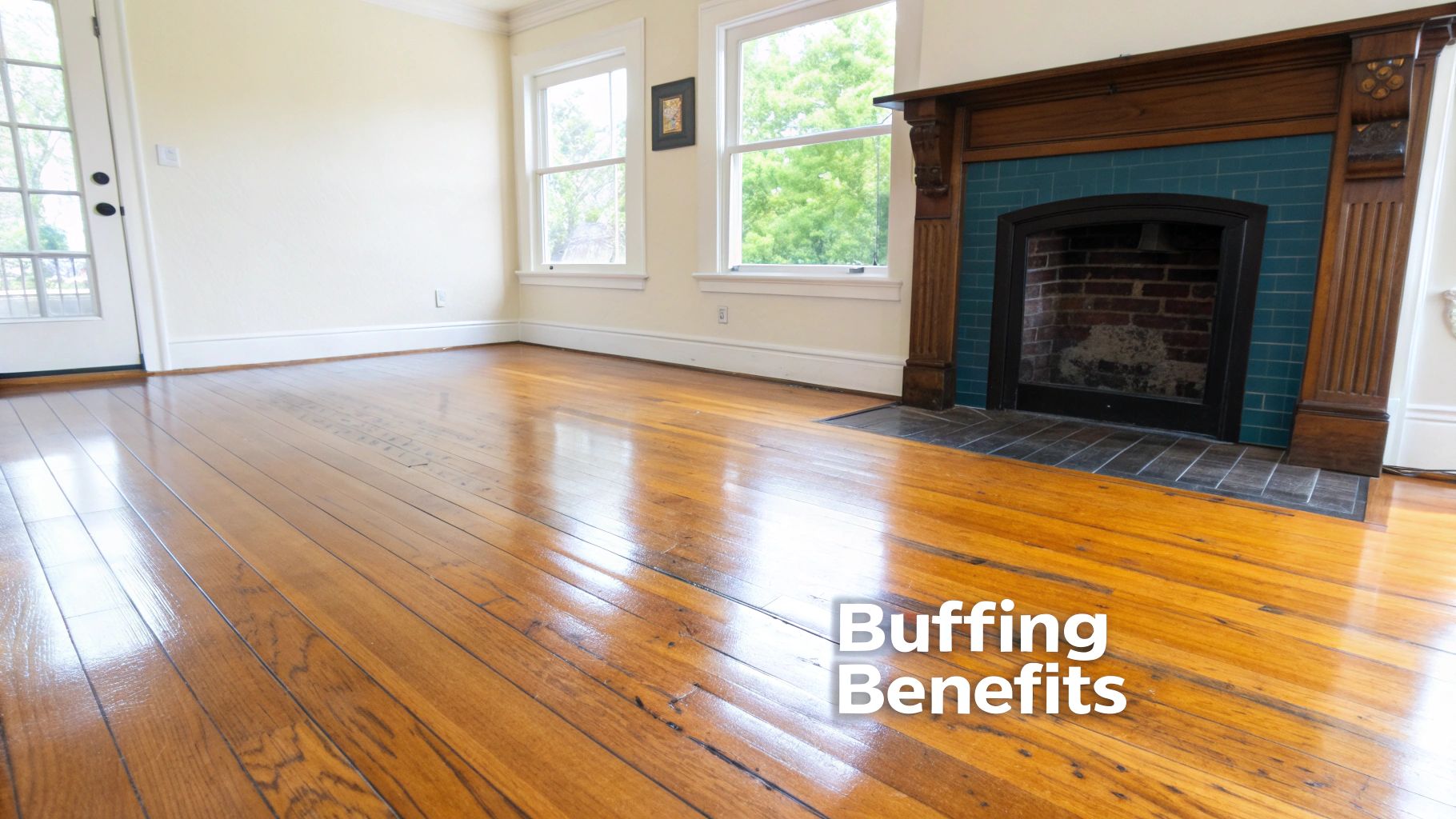 Shiny buffed hardwood floors reflect light in a clean, bright room with a fireplace.