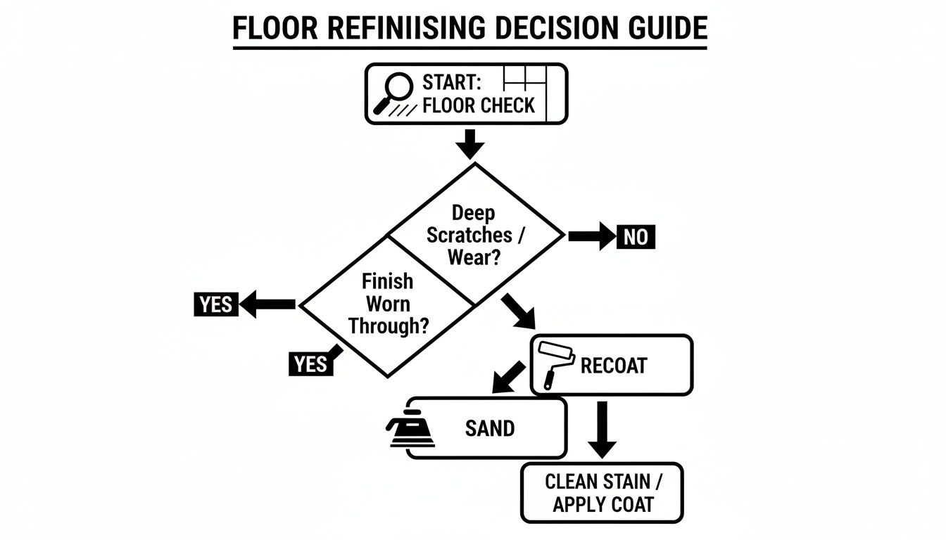 Flowchart illustrating the decision process for floor refinishing based on conditions like scratches and wear.