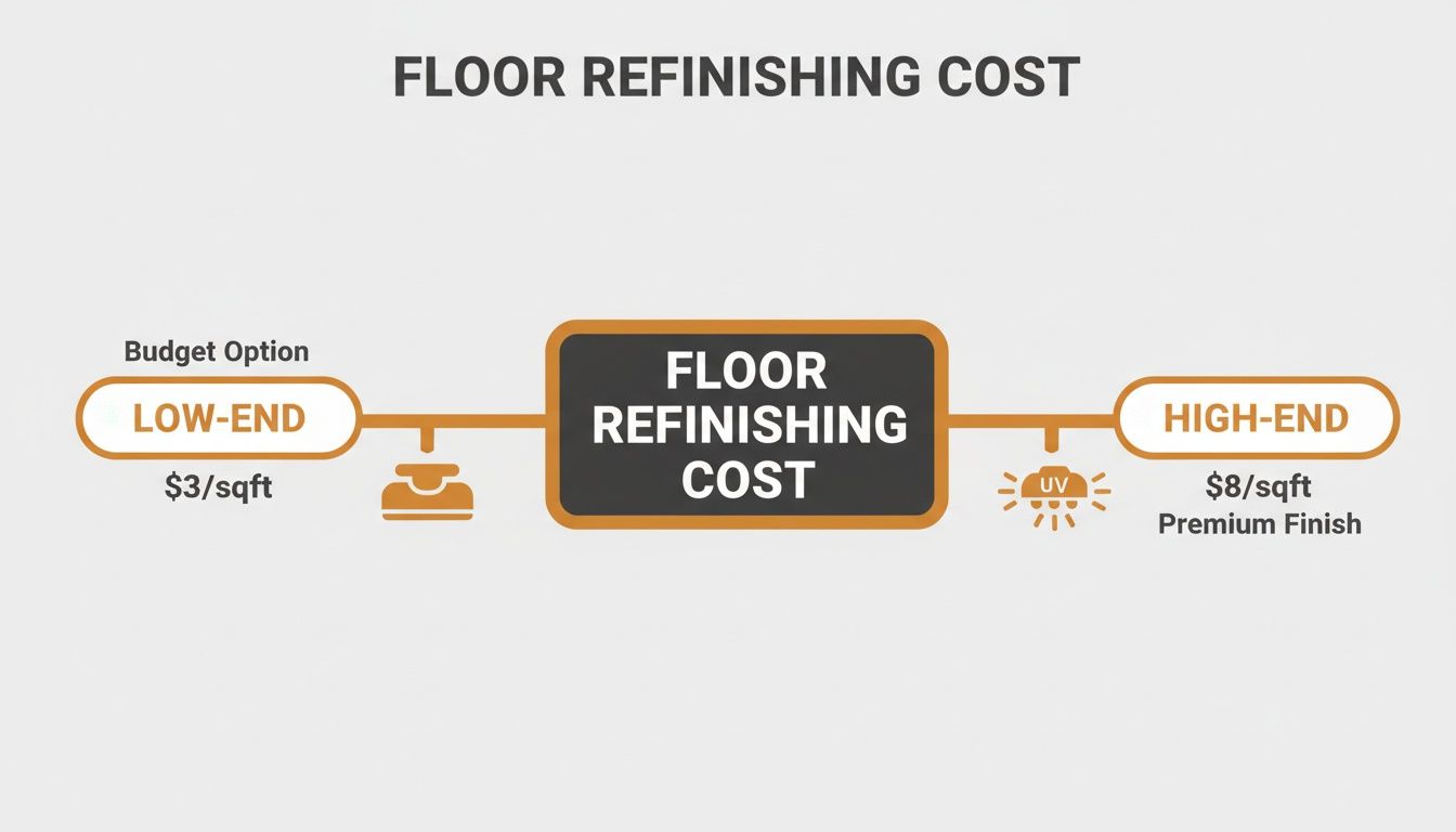 Infographic showing floor refinishing cost options: low-end budget at $3/sqft and high-end premium finish at $8/sqft.