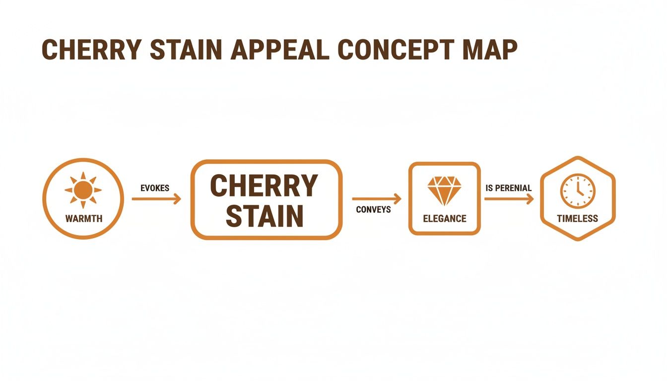 Concept map detailing the appeal of cherry stain, connecting warmth, elegance, and timelessness.