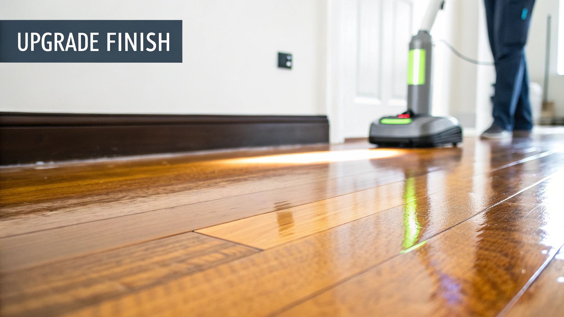 A person uses a floor polisher on gleaming hardwood floors, highlighting an 'Upgrade Finish' option.