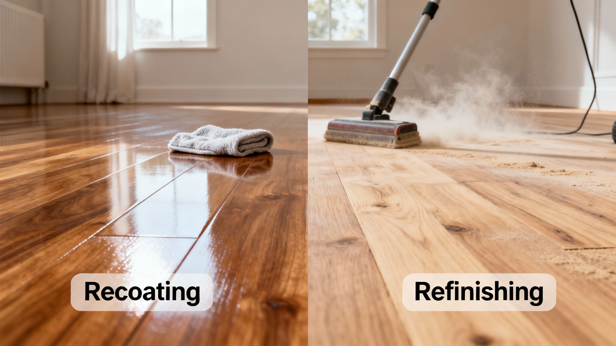 Comparison of hardwood floor recoating (shiny finish with cloth) and refinishing (sanding with sawdust).
