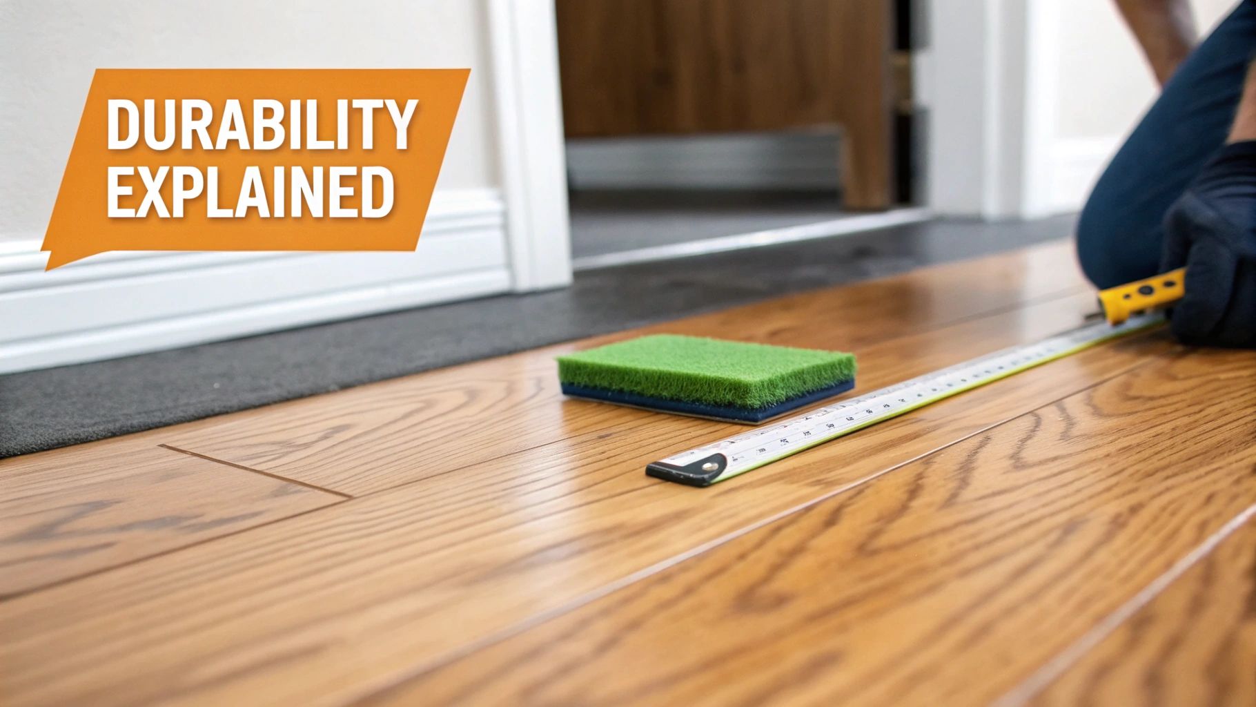 A person measures a light brown hardwood floor with a tape measure, highlighting durability.