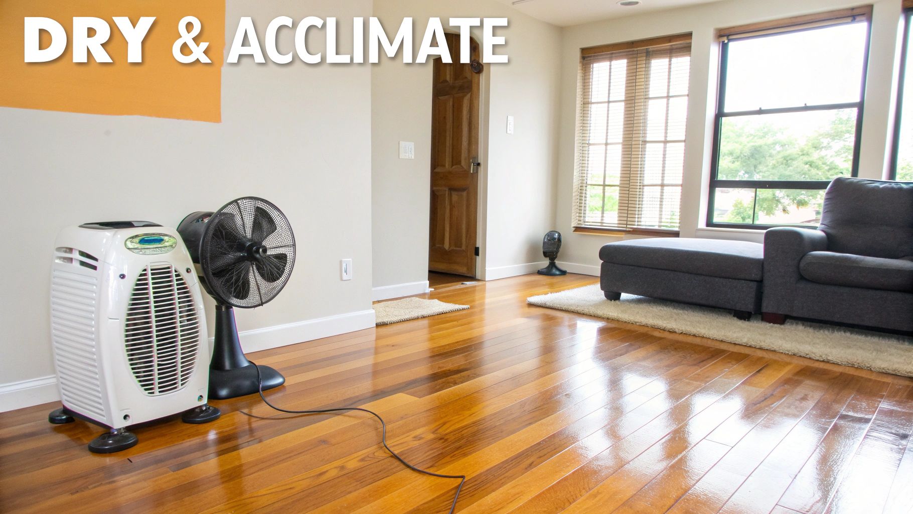 Two fans and a dehumidifier are placed on glossy hardwood floors in a room, emphasizing drying.