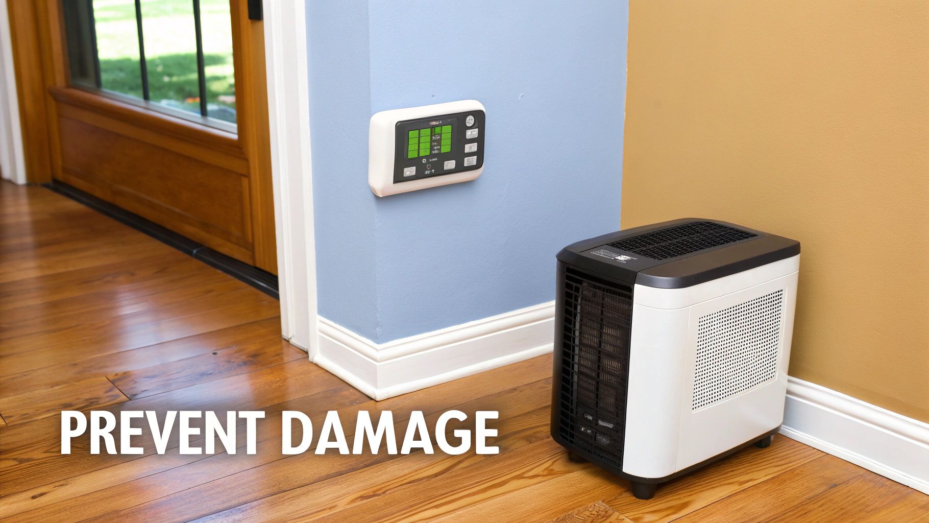 A white dehumidifier on hardwood floors next to a blue wall with a digital display. Text: PREVENT DAMAGE.