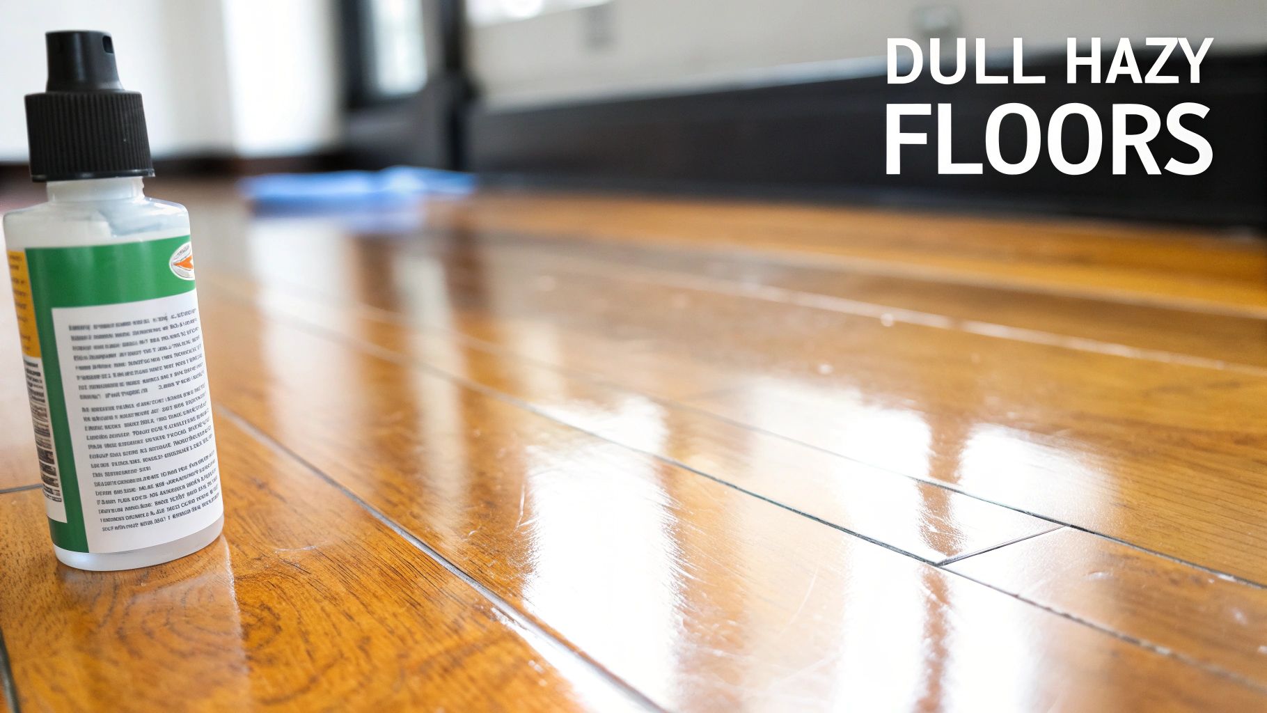 A cleaning product bottle rests on a shiny, yet visibly dull and hazy hardwood floor.