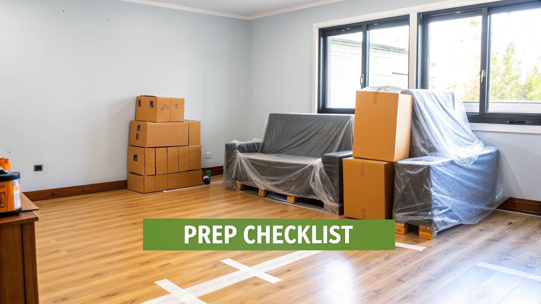 A room prepared for moving with stacked cardboard boxes and plastic-covered sofas on wooden floors.