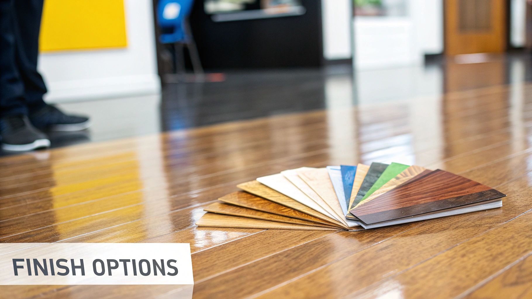 A fan of diverse flooring samples, from light to dark wood, spread on a glossy hardwood floor, showing finish options.