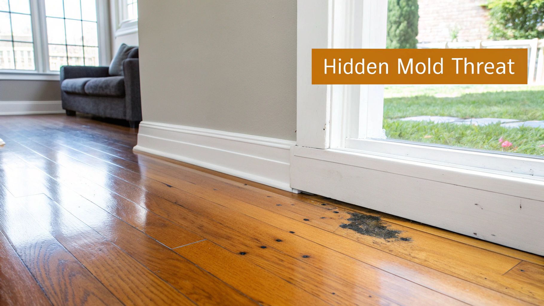 Close-up of black mold growing on a shiny hardwood floor next to a white window frame.