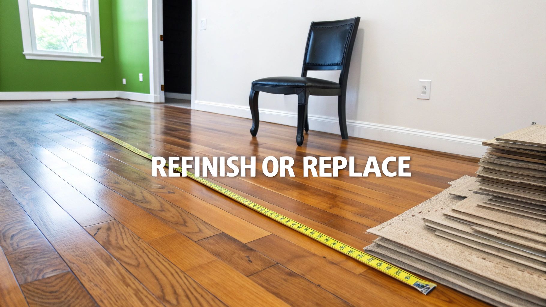 A room with shiny hardwood floors, a measuring tape, and a chair, asking to refinish or replace flooring.