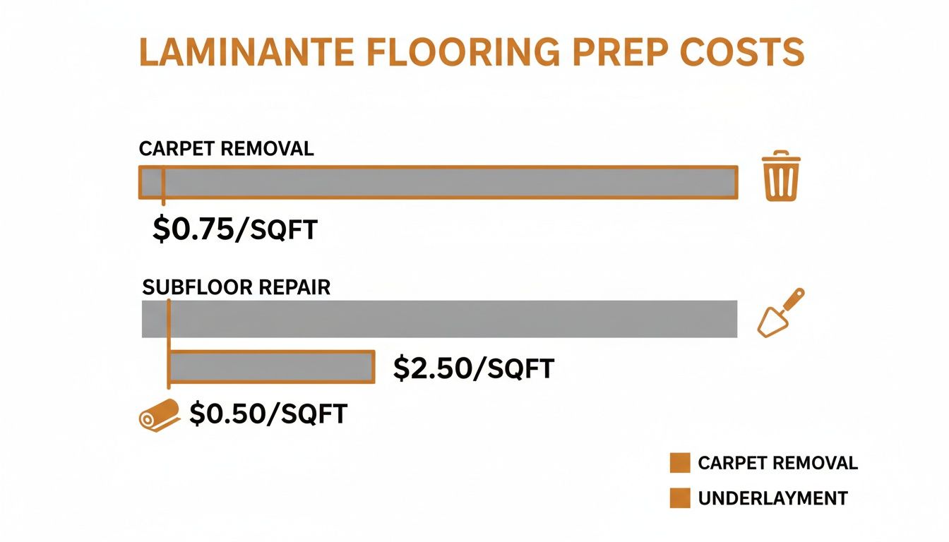Laminate flooring preparation costs, detailing expenses for carpet removal, subfloor repair, and underlayment per square foot.