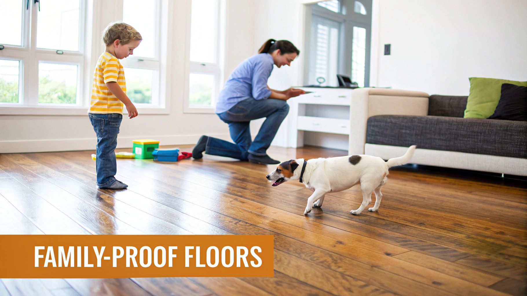 A young boy, woman, and dog enjoying a bright living room with durable wooden floors.