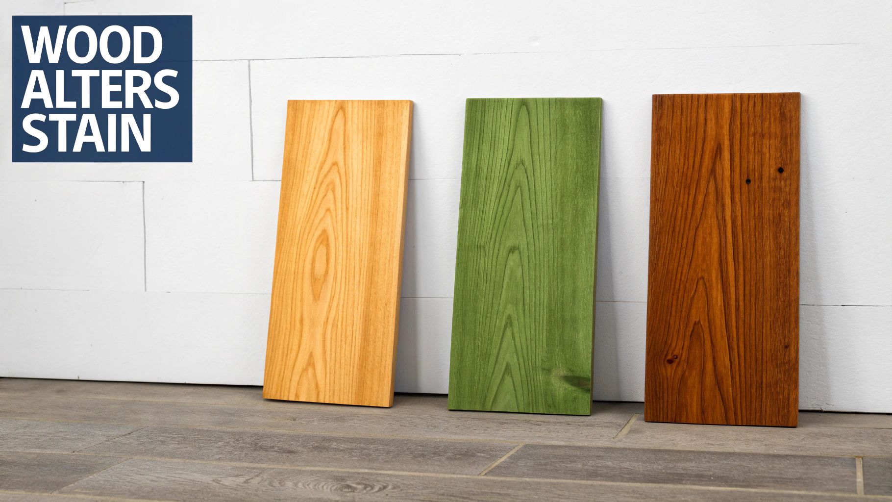 Three wooden planks display different stain colors: natural, green, and a rich reddish-brown.