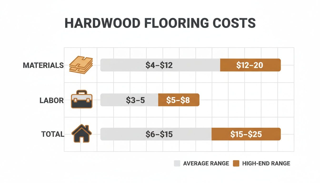 Bar chart illustrating hardwood flooring costs broken down by materials, labor, and total, showing average and high-end ranges.