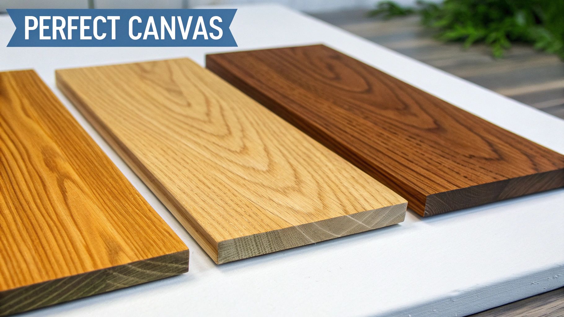 Three rectangular wooden planks showcasing different wood types and stain colors on a white background.