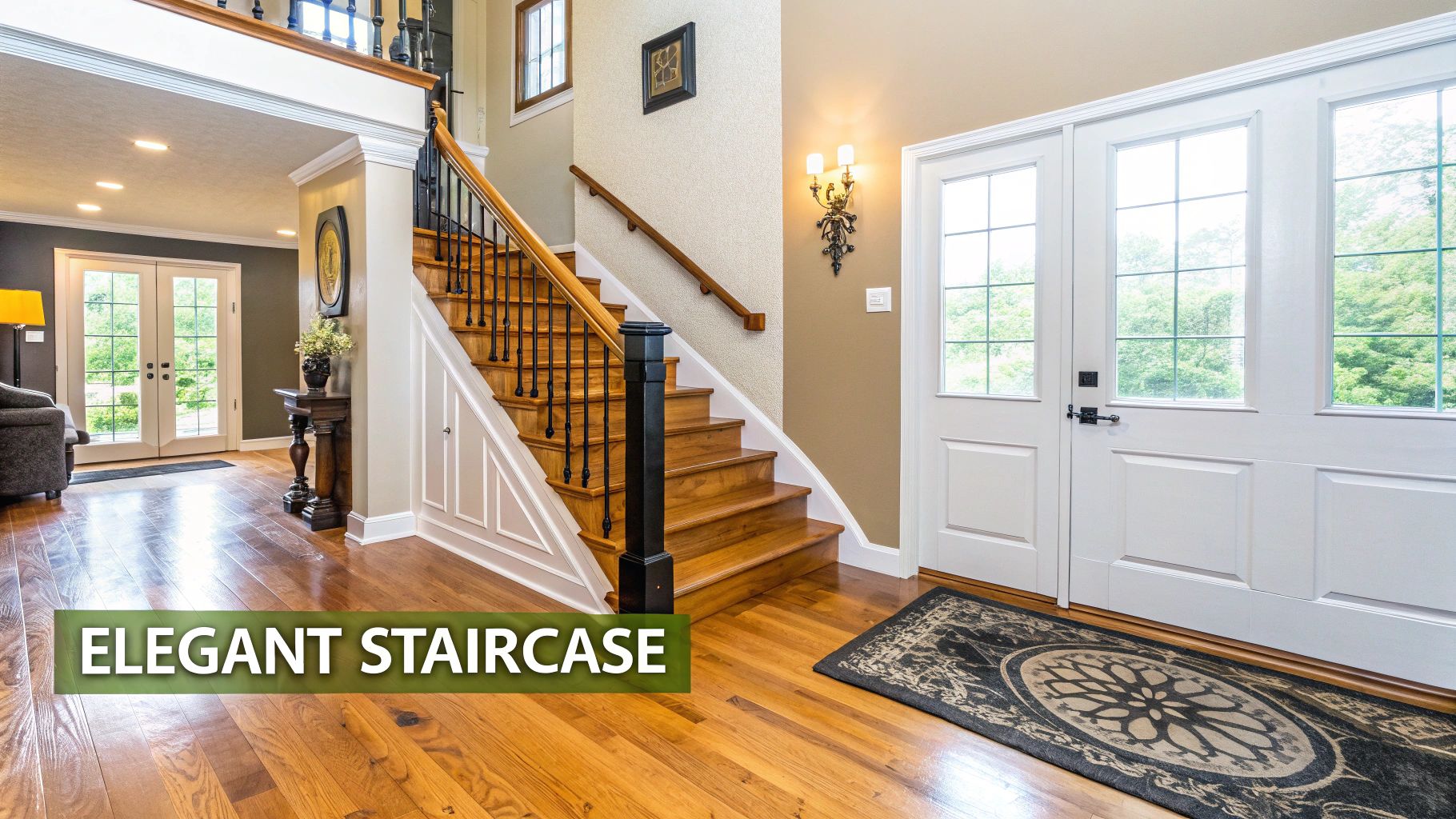 A grand foyer with a polished hardwood staircase, elegant entryway doors, and a decorative rug.