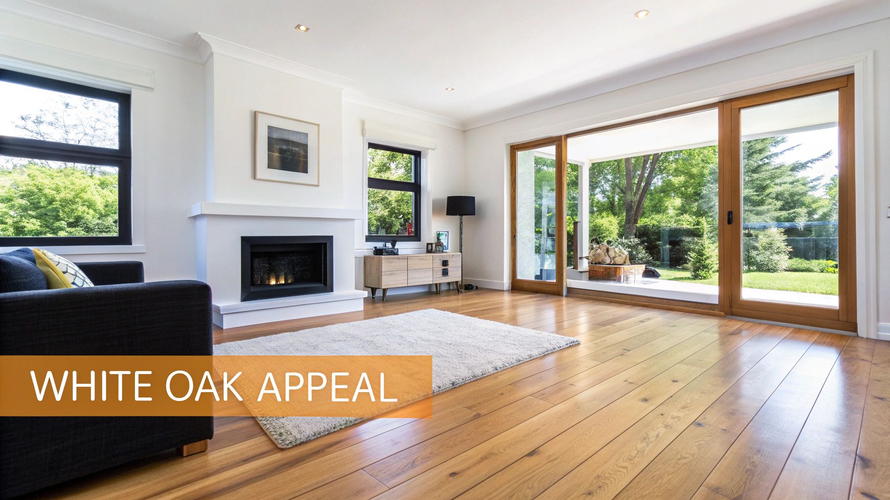 Bright living room with white oak hardwood floors, a fireplace, and large windows overlooking a green garden.