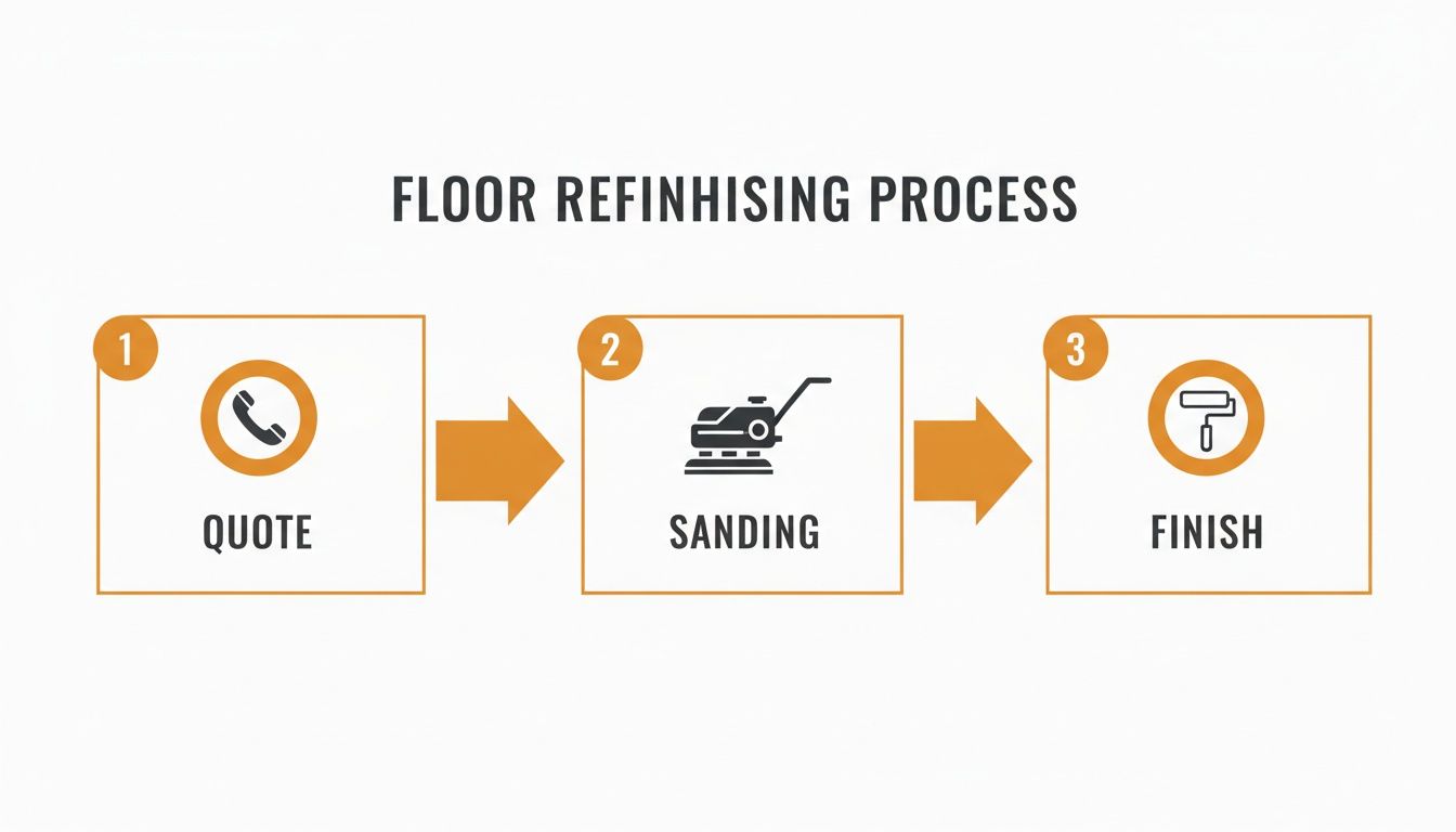 An infographic shows the three-step floor refinishing process: quote, sanding, and finish.