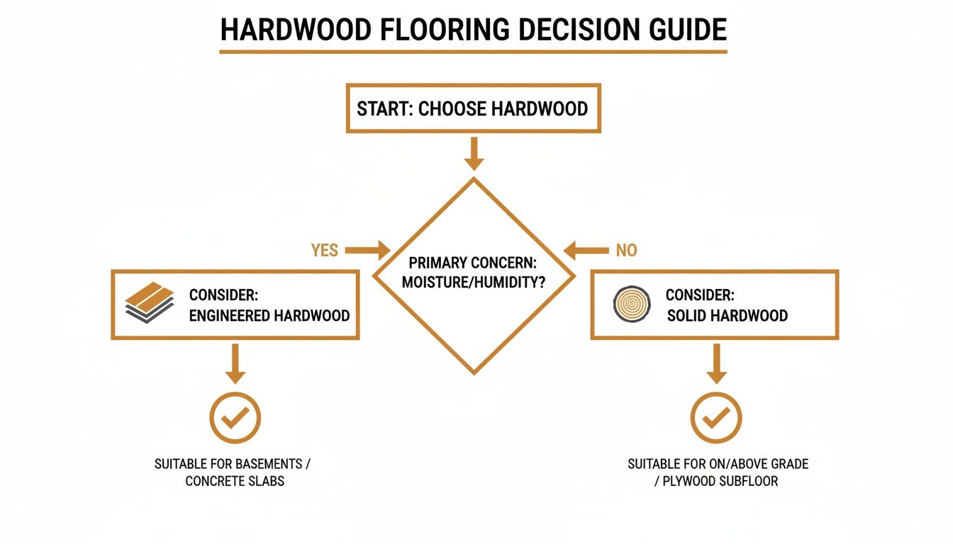 A hardwood flooring decision guide helping choose between engineered or solid wood based on moisture.