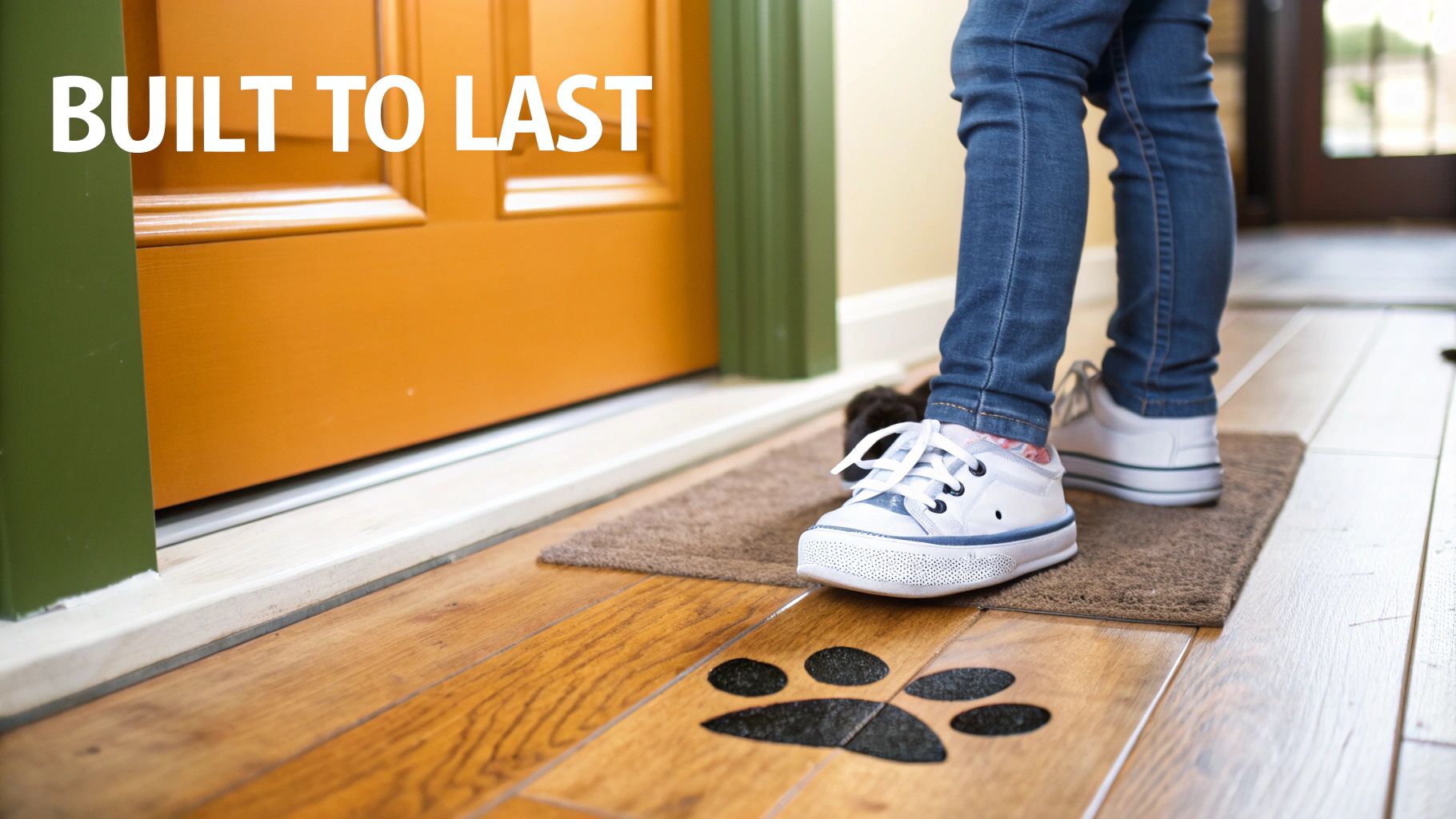 Feet in sneakers on a doormat at an orange door, paw print on wood floor. Text: 'BUILT TO LAST'.