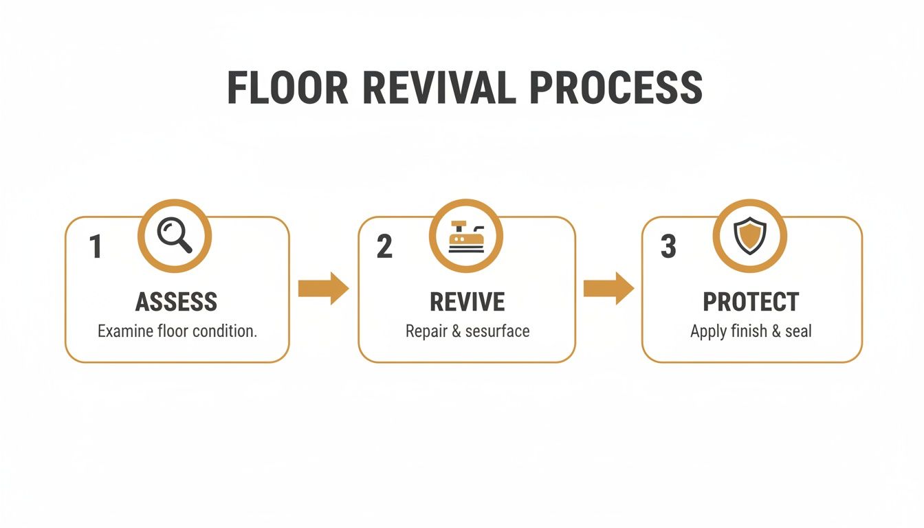 Infographic illustrating a three-step floor revival process: assess, revive, and protect, with descriptions for each.