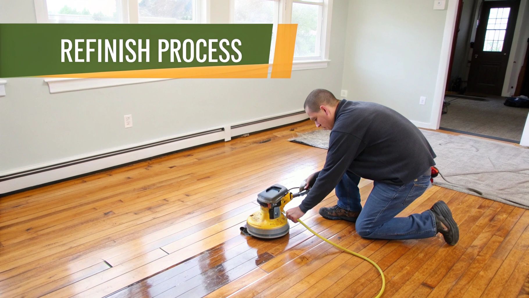 A man refinishing a hardwood floor with a floor buffer, showcasing the 'REFINISH PROCESS'.