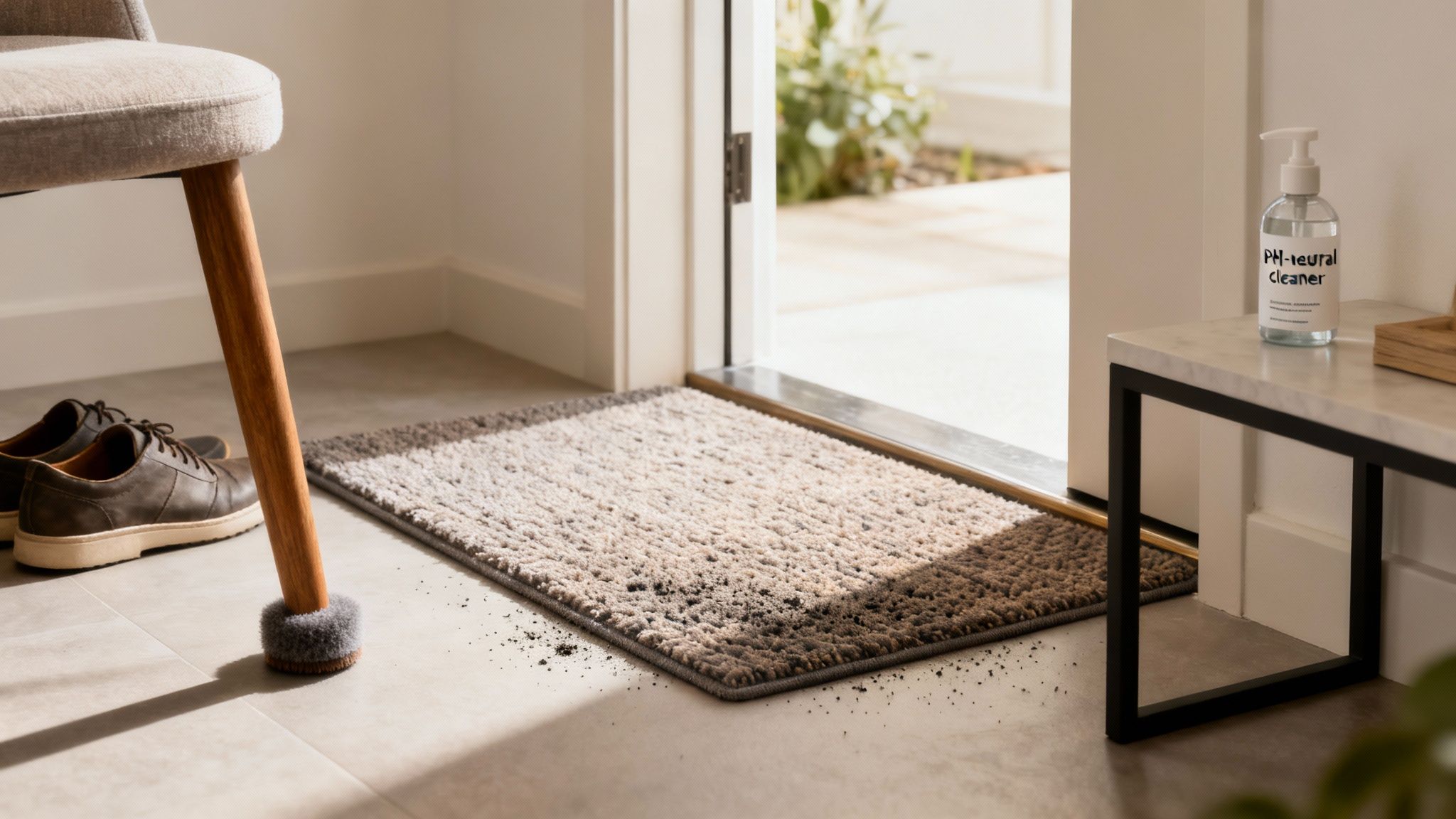A dirty doormat covered in debris at an entryway, with shoes and a cleaning bottle nearby.