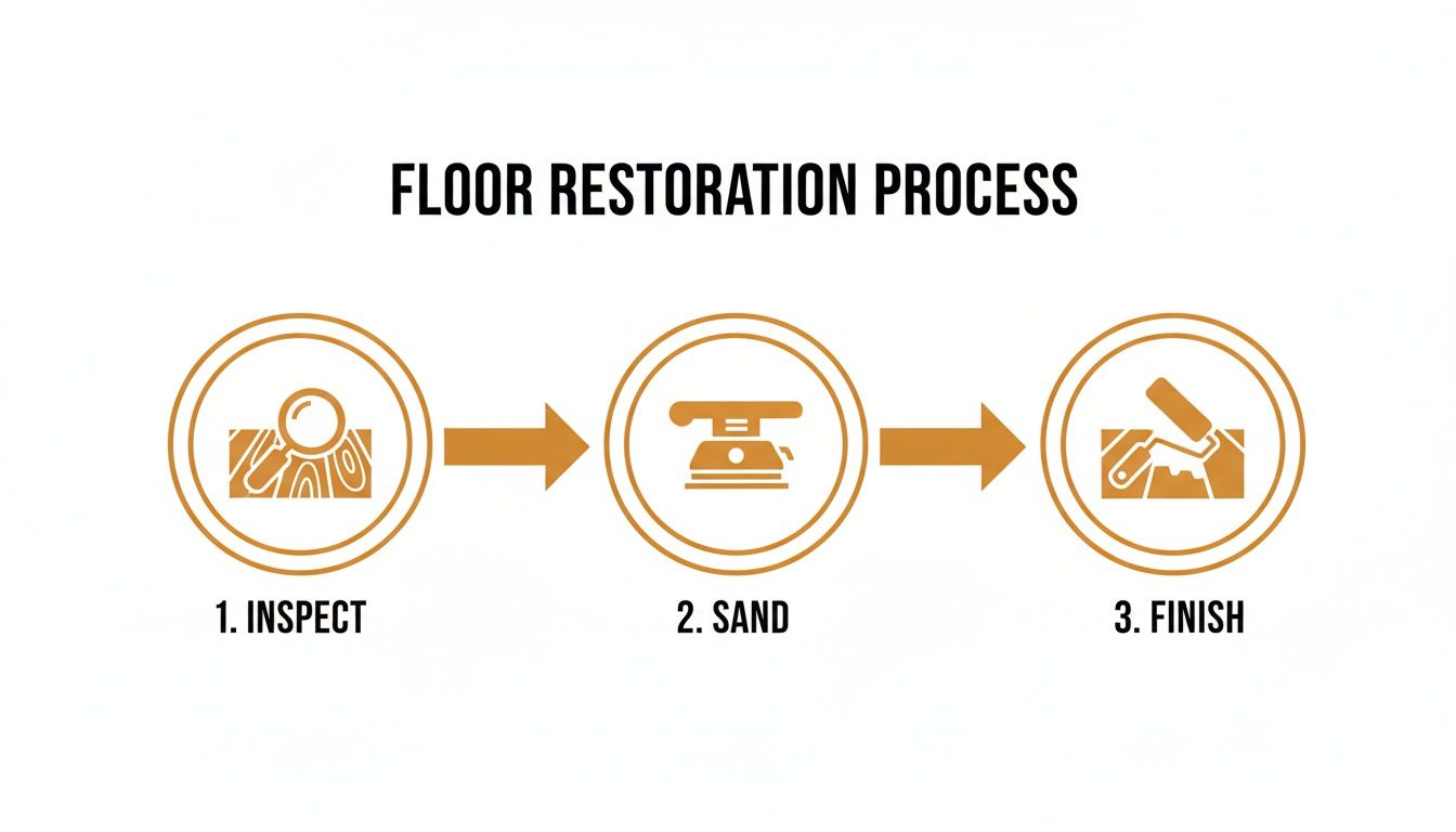 Infographic illustrating the three steps of the floor restoration process: inspect, sand, and finish.