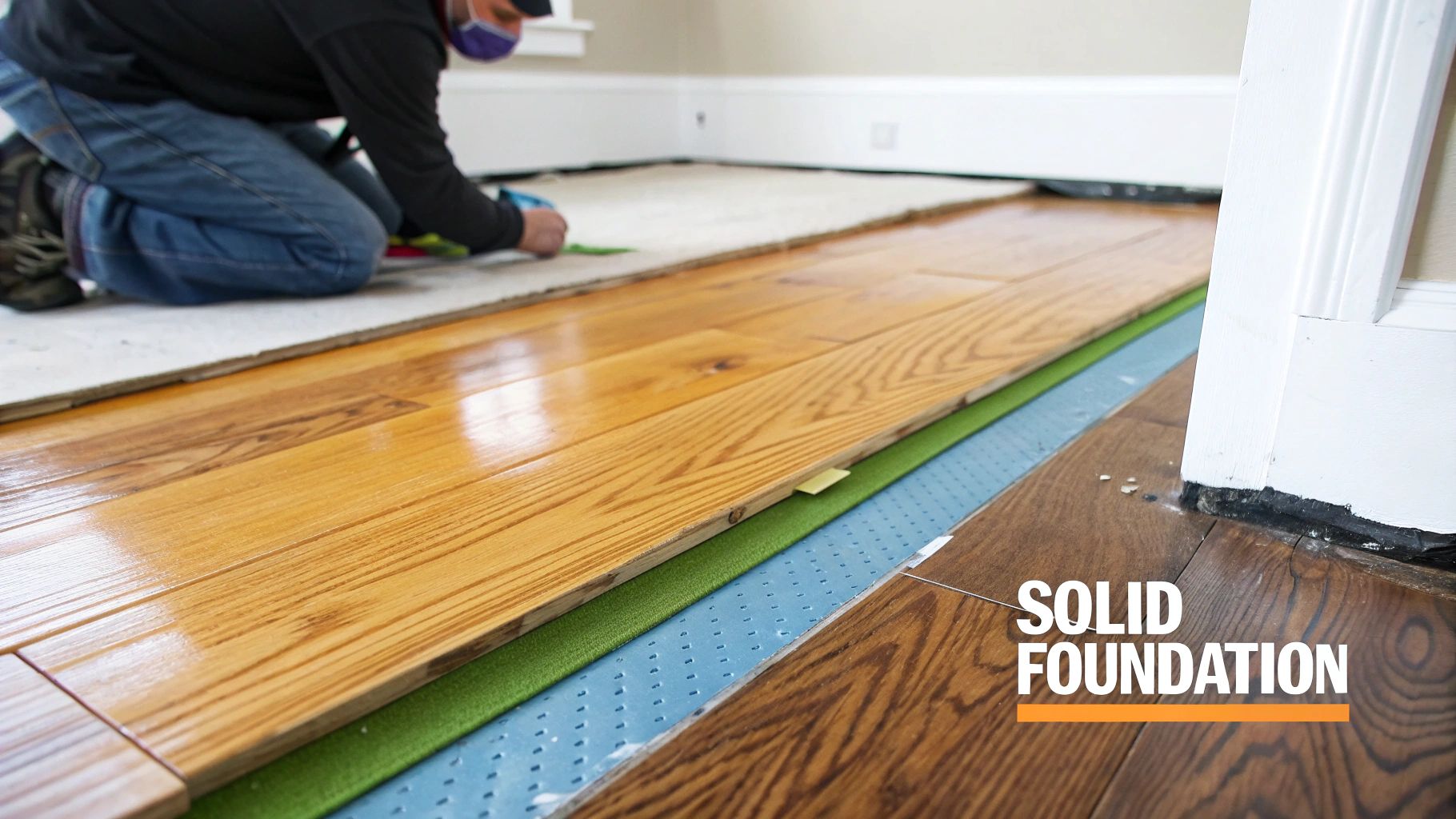 A worker installing new hardwood flooring over two layers of underlayment, showcasing the solid foundation.