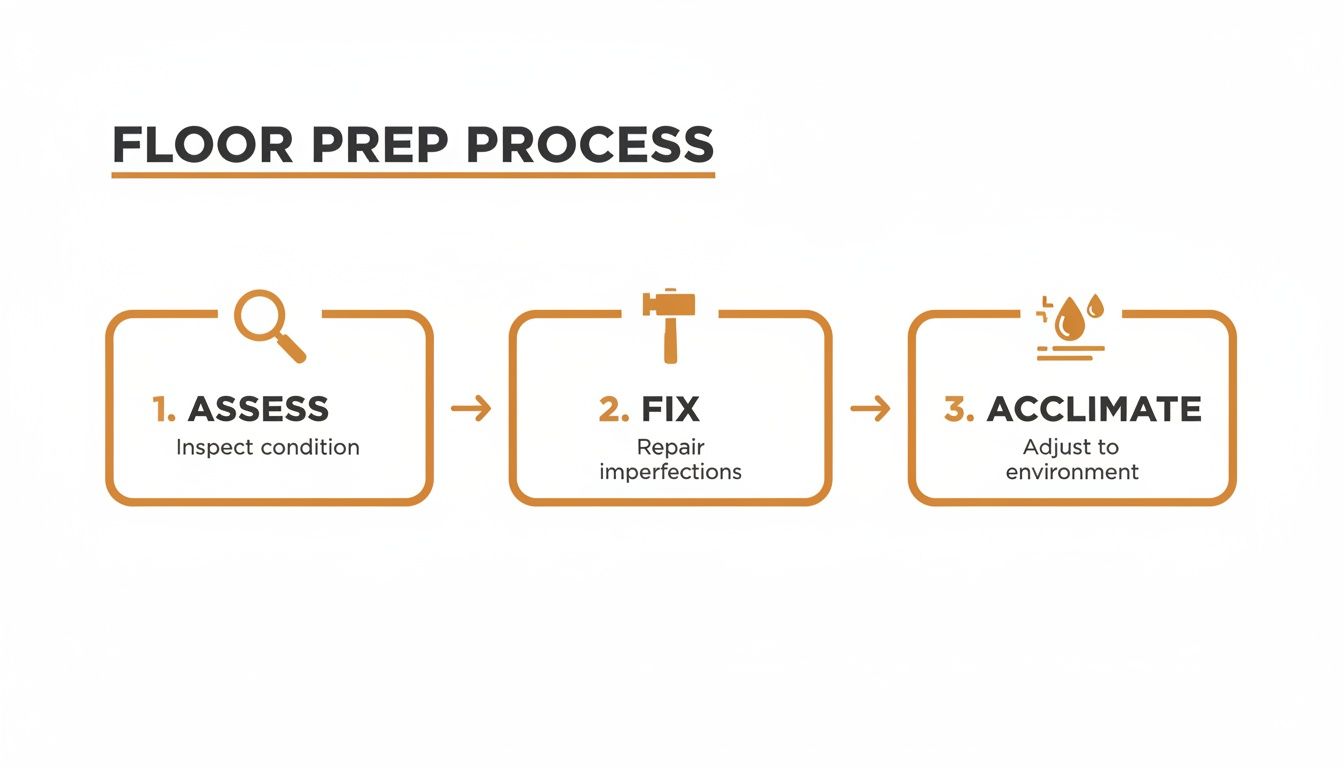 An infographic showing the 3-step floor preparation process: assess, fix, and acclimate.