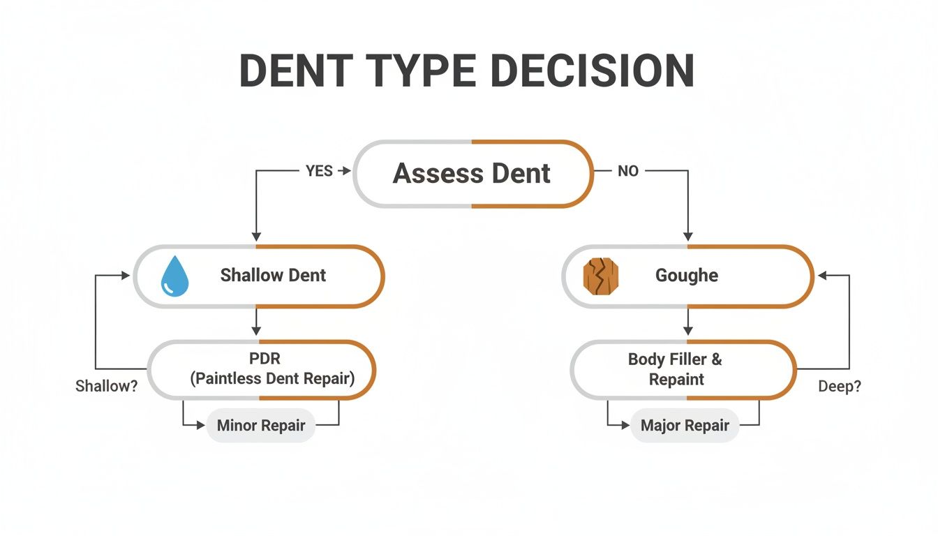 A decision flowchart illustrating dent types and their respective repair processes, from shallow dents to gouges.