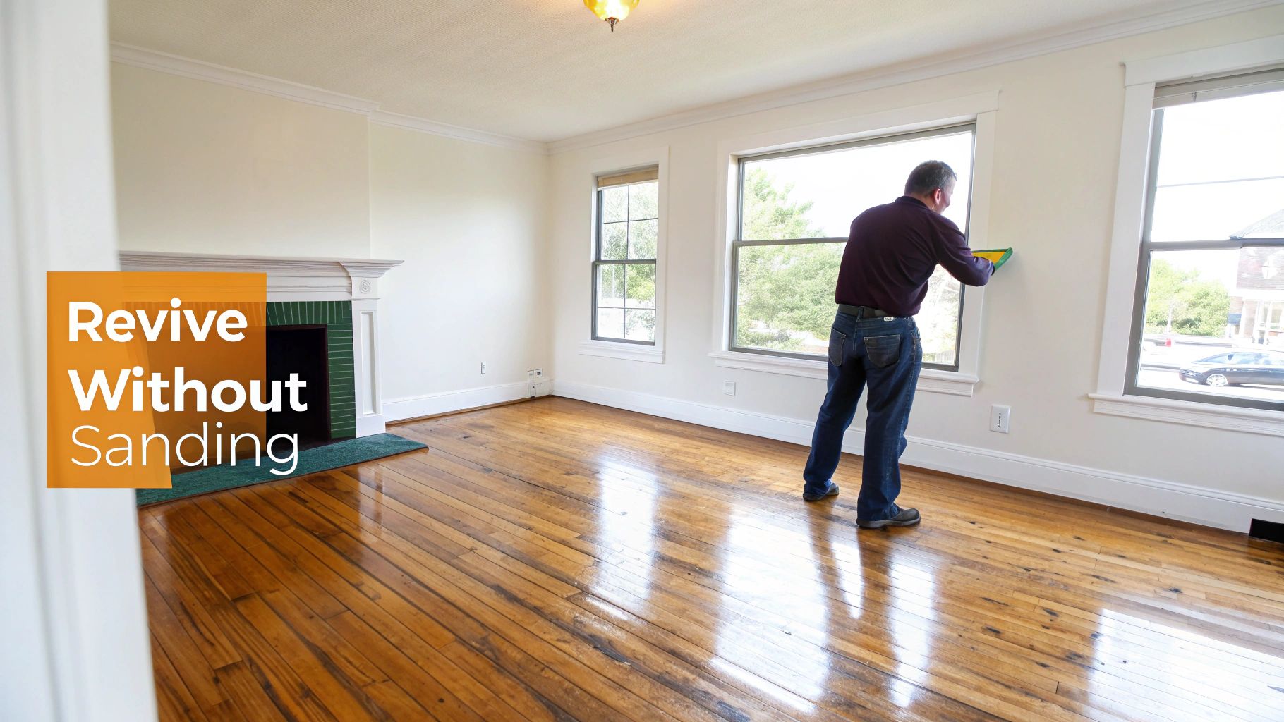 A man cleaning a wall in a bright room with shiny hardwood floors, a fireplace, and 'Revive Without Sanding' text.