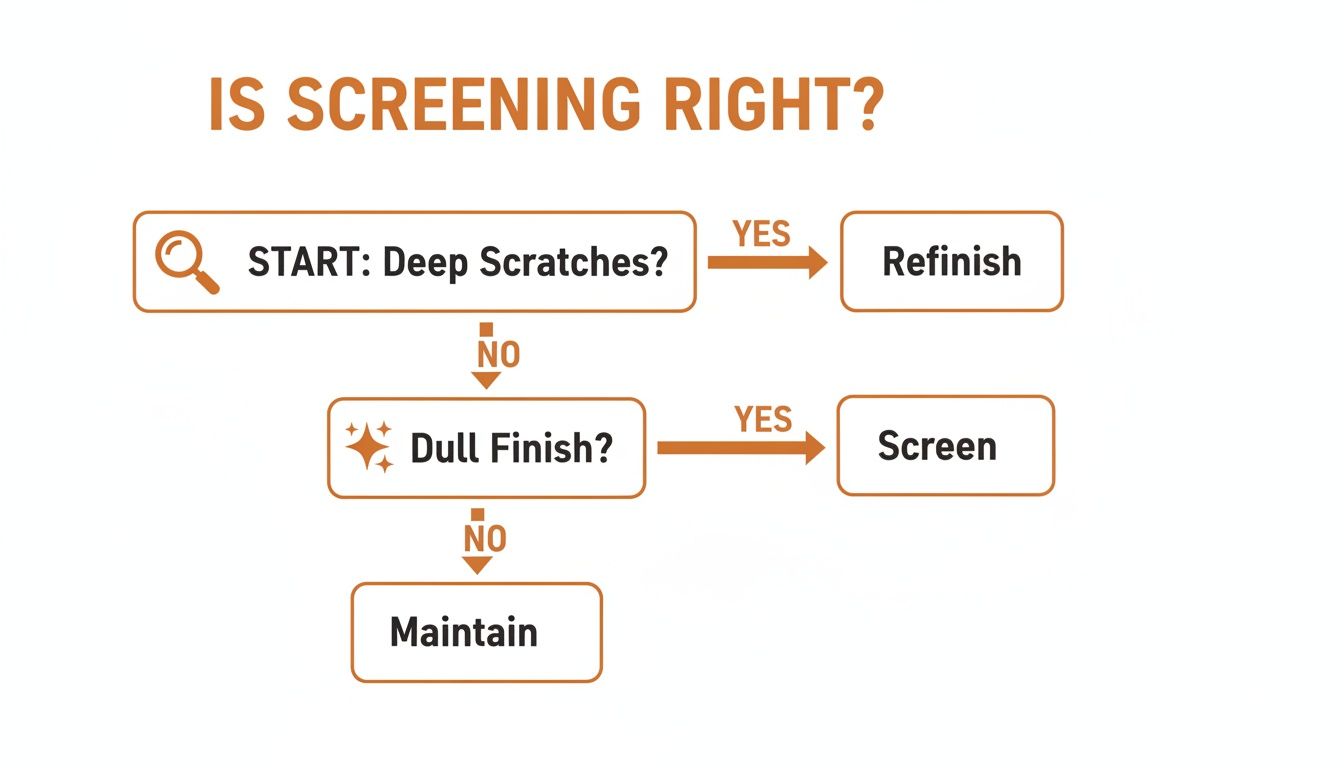 Flowchart illustrating when to refinish, screen, or maintain hardwood floors based on their condition.