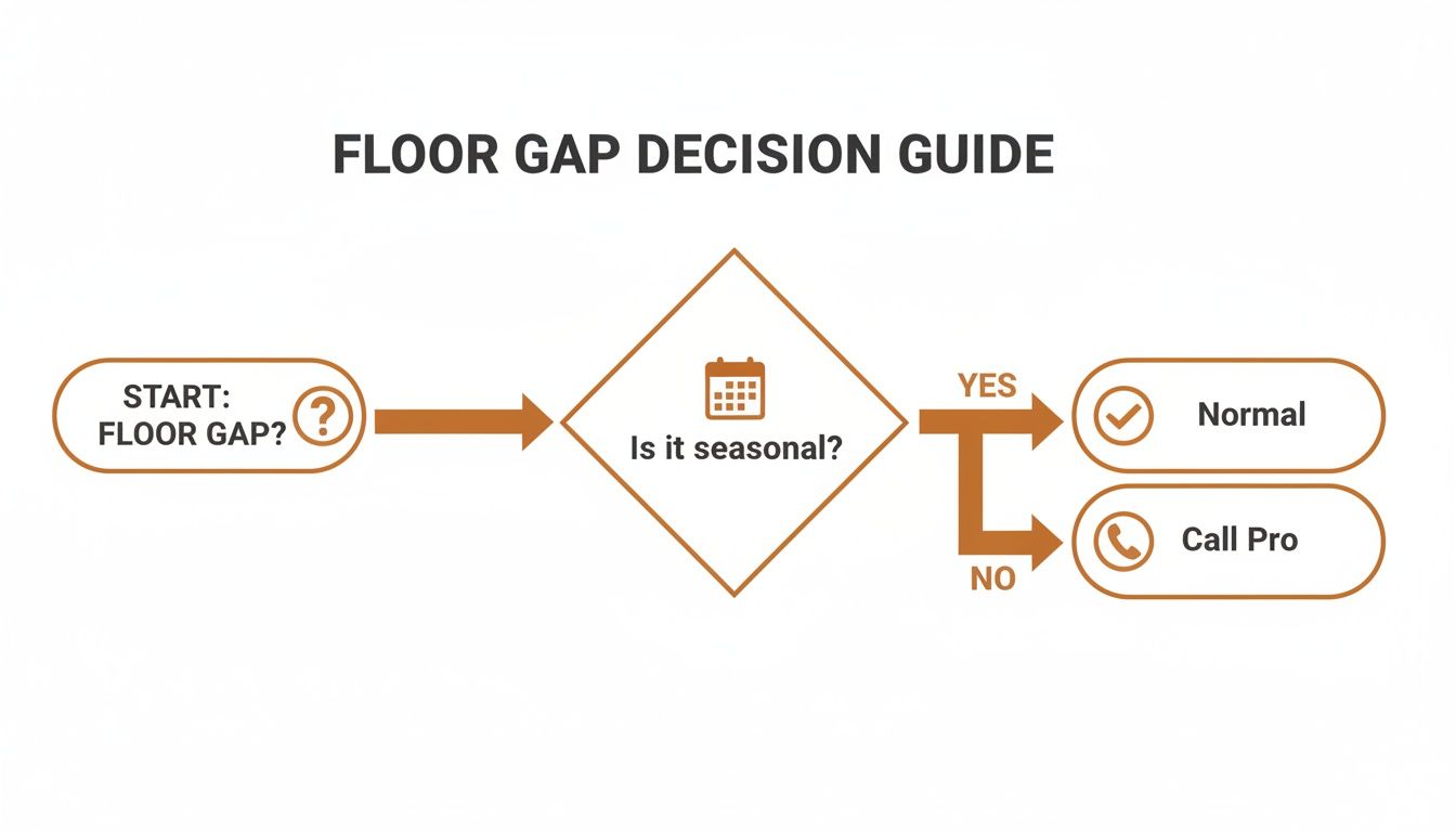 Flowchart on floor gap decision guide, asking if it is seasonal, leading to normal or call pro.
