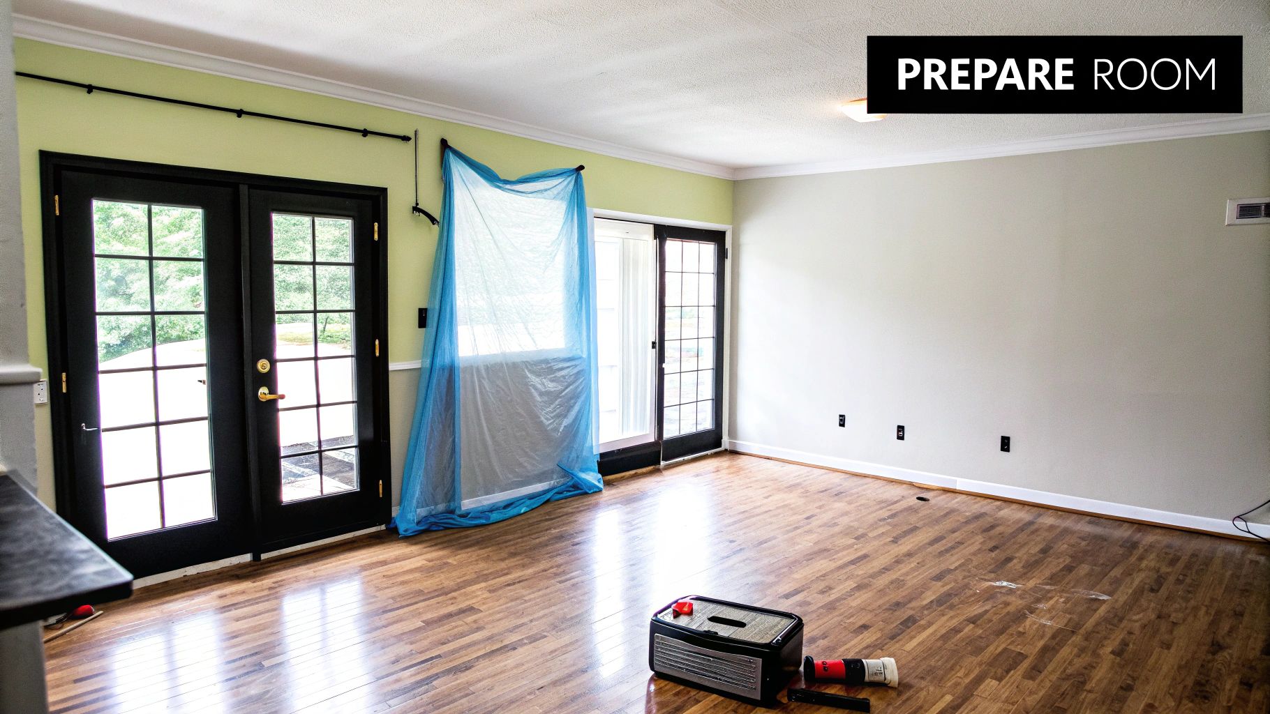 An empty room with hardwood floors, black French doors, and a tarp-covered window, prepared for renovation.