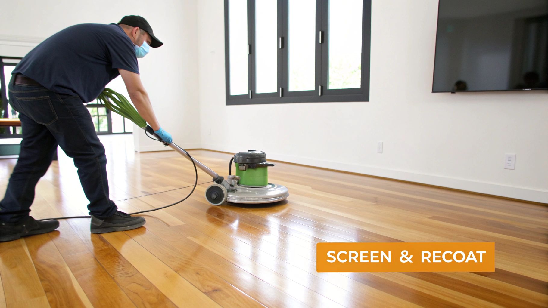 A masked worker in gloves uses a floor buffer machine to screen and recoat a shiny hardwood floor.