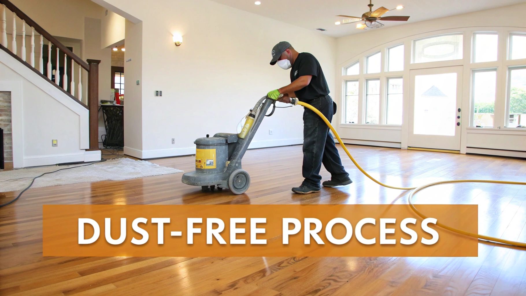 A professional worker uses a dust-free floor sanding machine to refinish a wooden floor.