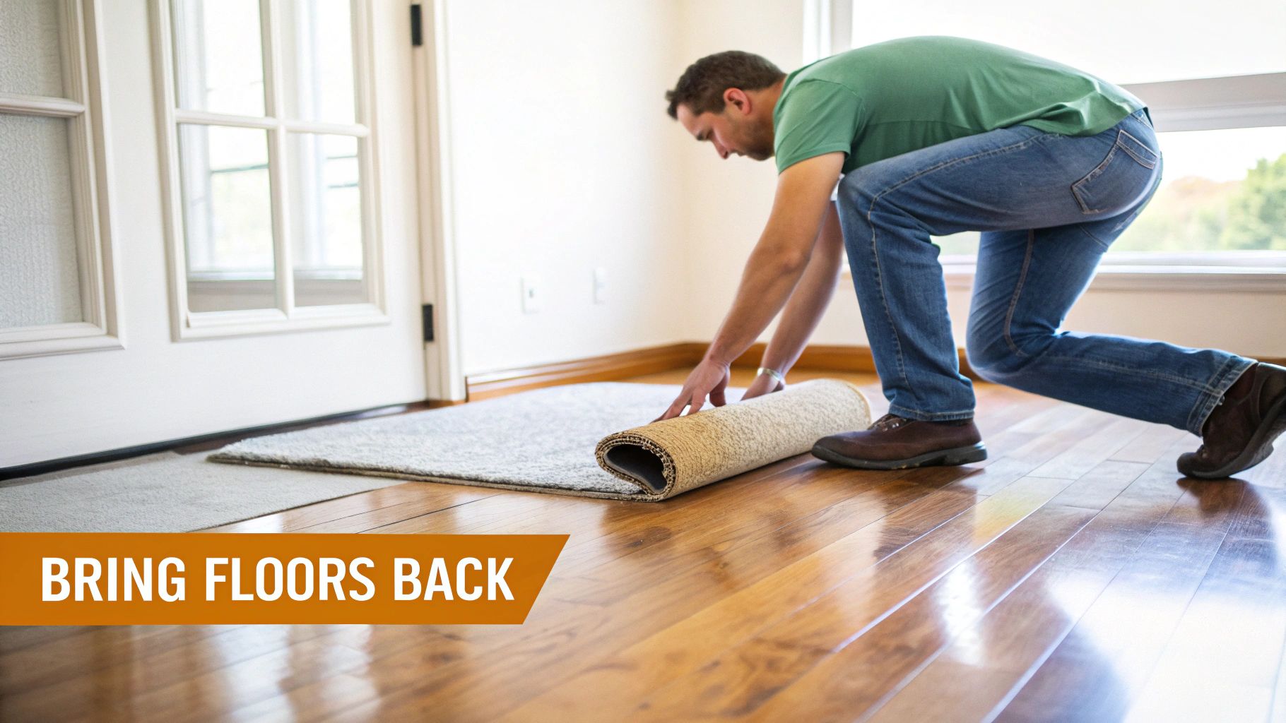 A man in a green shirt and jeans rolling up a gray rug on a shiny hardwood floor.