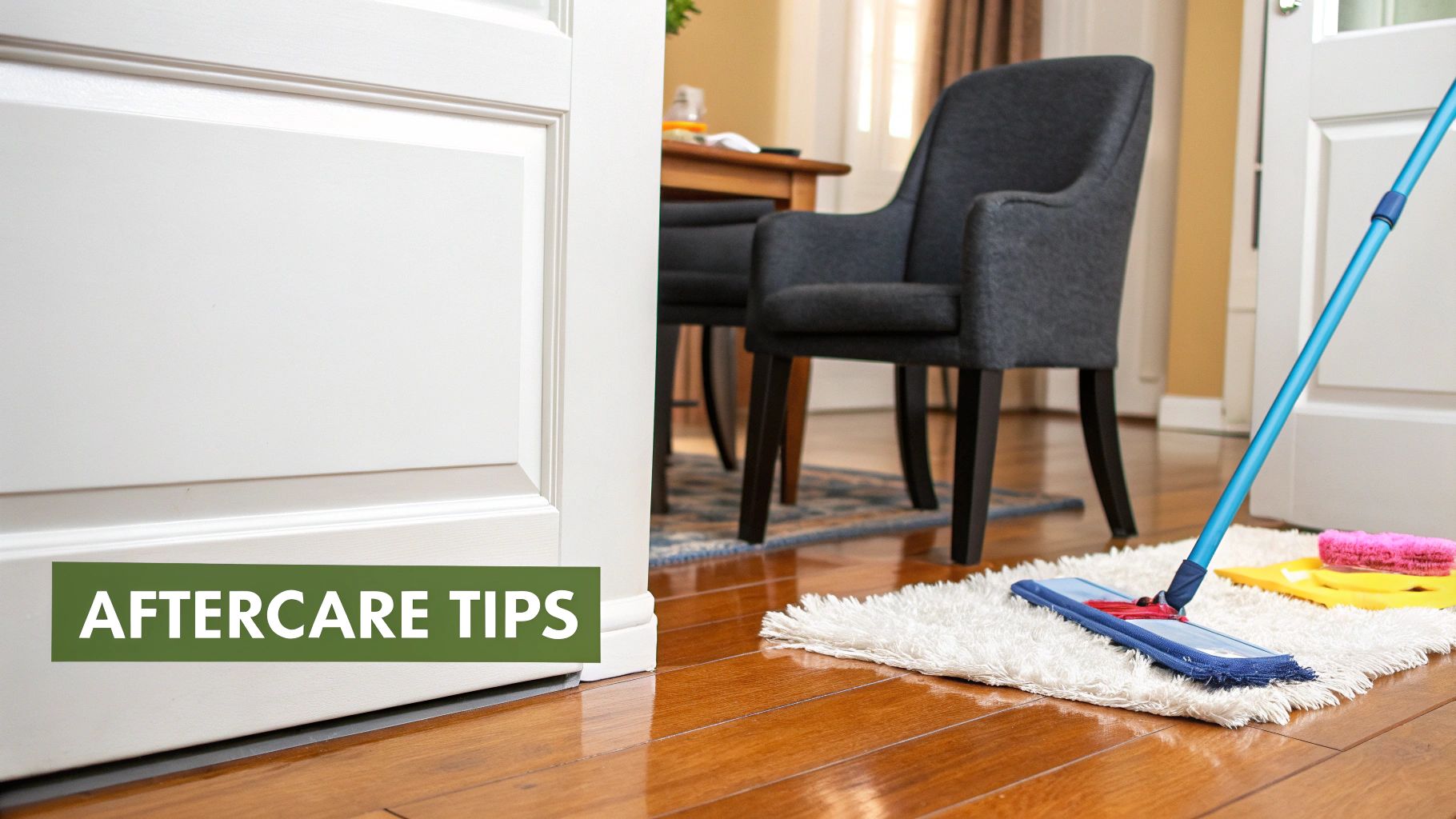 A blue mop rests on a white rug on shiny hardwood floors, with 'AFTERCARE TIPS' text.
