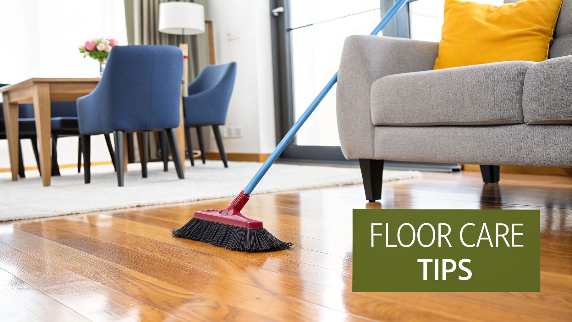 A broom is on a clean, polished hardwood floor, surrounded by modern living room furniture.