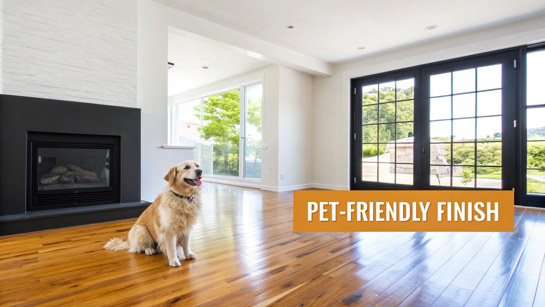 A golden retriever sits on a shiny hardwood floor in a modern living room, labeled 'PET-FRIENDLY FINISH'.