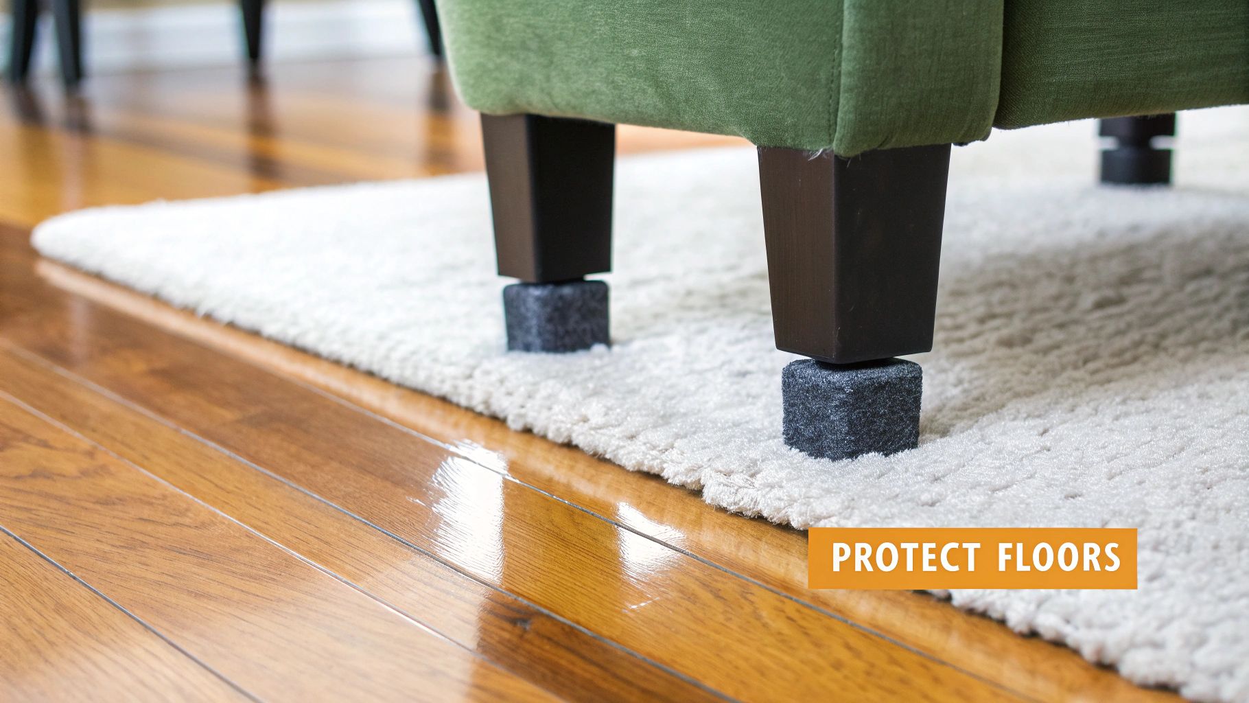 Sofa legs with dark grey floor protectors resting on a light rug, safeguarding the shiny hardwood floor.