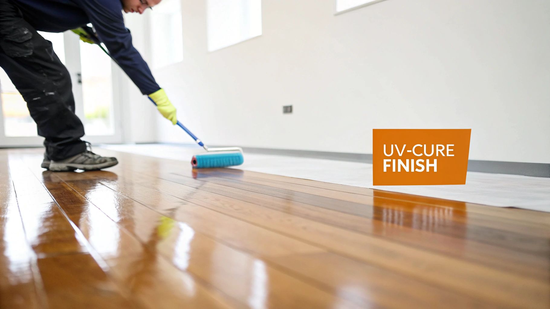 A person applies a glossy UV-cure finish to a newly installed wooden floor.